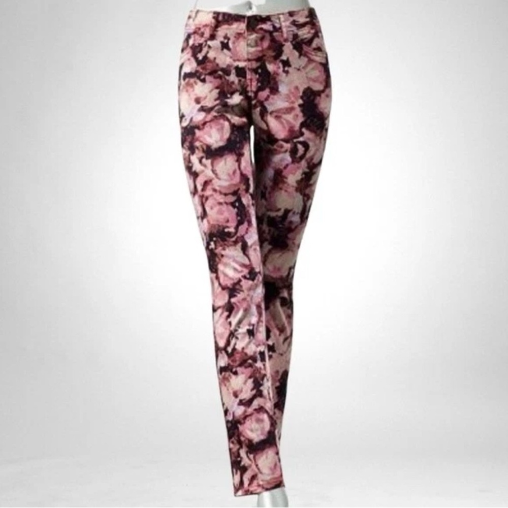 Simply Vera Wang Womens Pants Jeans Pink Burgundy Rose Floral Stretch Size 10